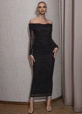 Carol | Stunning Mermaid Black Off the Shoulder Long Sleeve Pleated Strapless Prom Dress - Black - PromDressClub